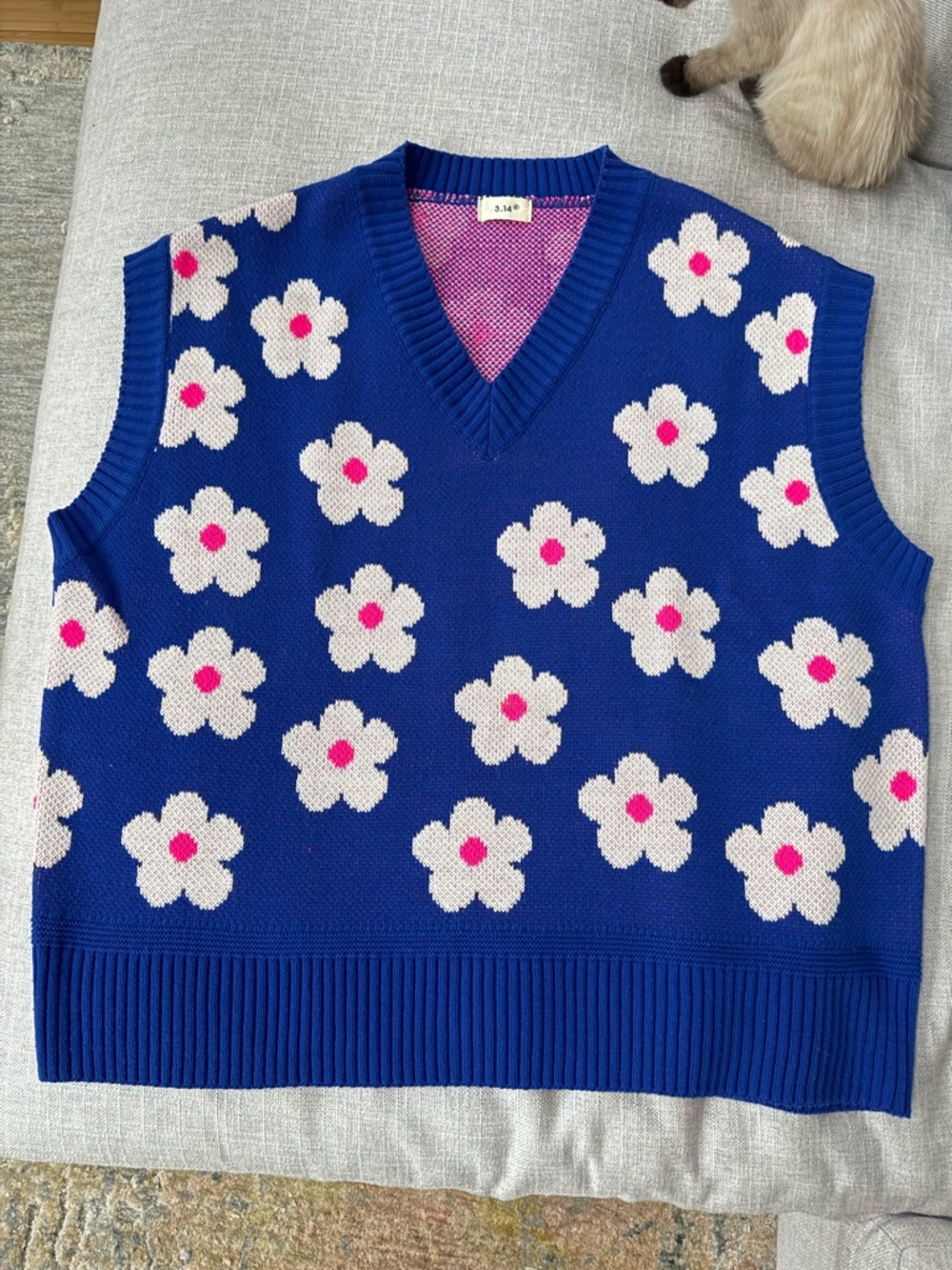 Blue Floral Knit V-Neck Sweater Vest with Pink Centers / Korea
